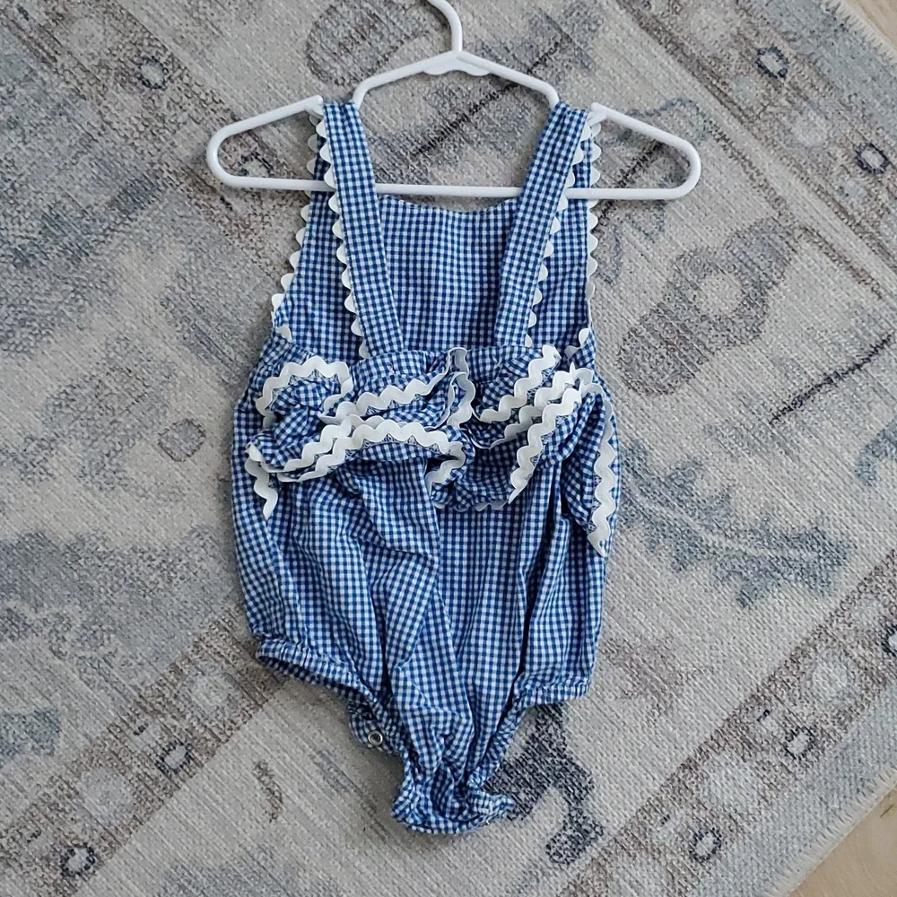 Gymboree Baby Girls Blue White Ginham Ric Rac Flower Sunsuit Romper Sz12-18m